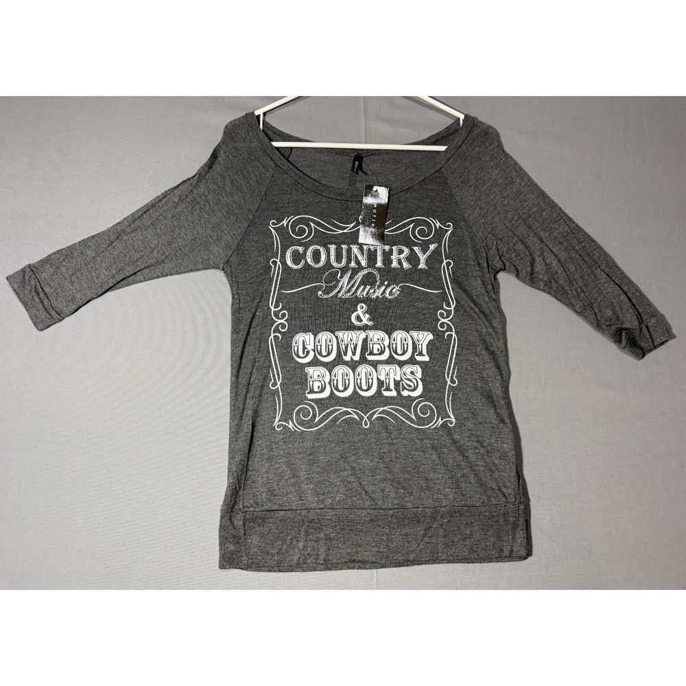 Country Music & Cowboy Boots Women's Gray Medium Shirt NEW TShirt Rhinestones